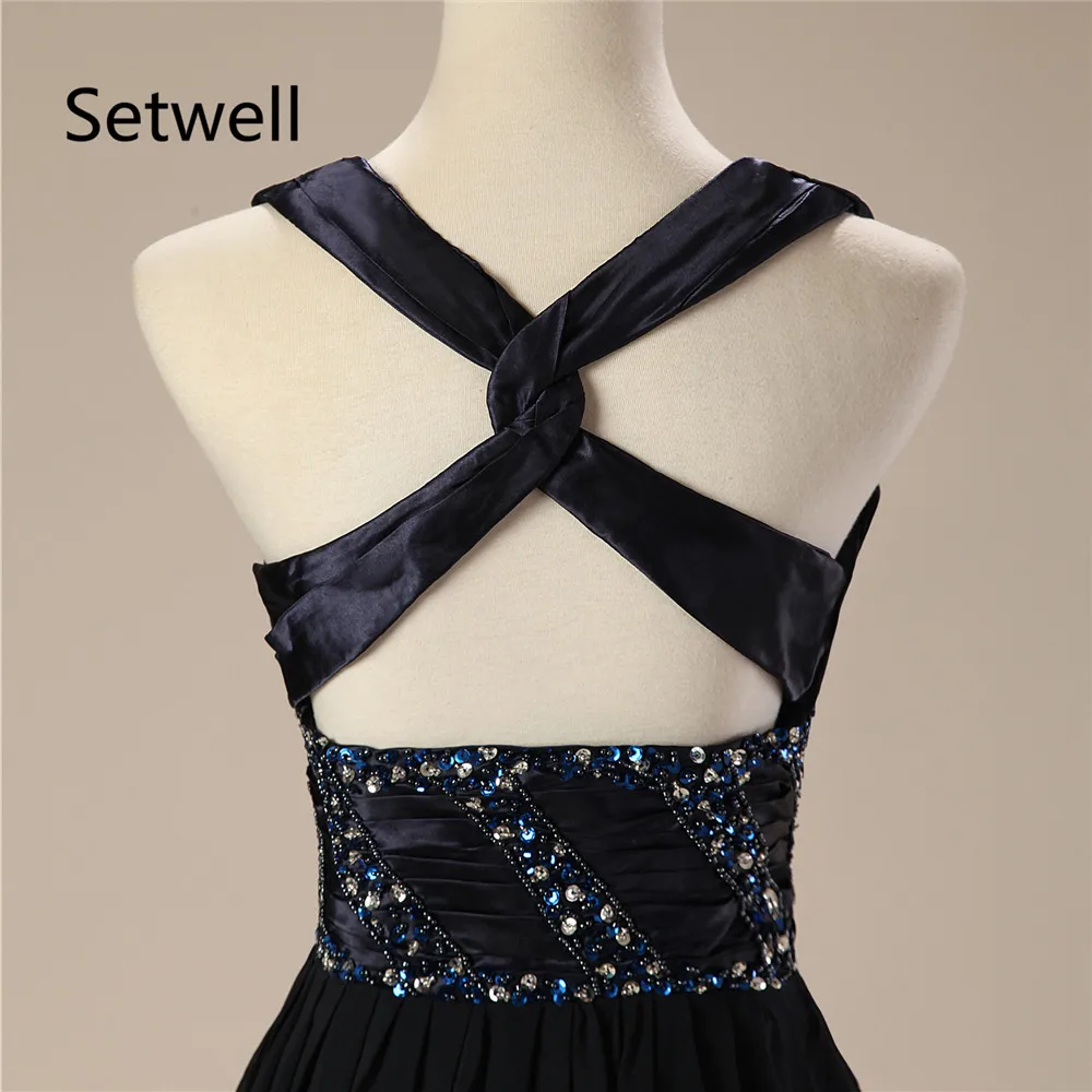 

Setwell Sexy V-Neck Backless Evening Dresses High Quality Black Chiffon Evening Gowns 2017 New Hot Crystal Beads Evening Dress