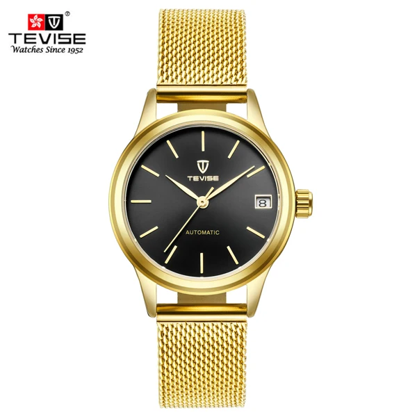 gold black TEVISE женские часы автоматические механические Женские Часы Дамские водонепроницаемые часы с ремешком из нержавеющей стали Reloj Mujer деловые часы для девочек - Цвет: gold black