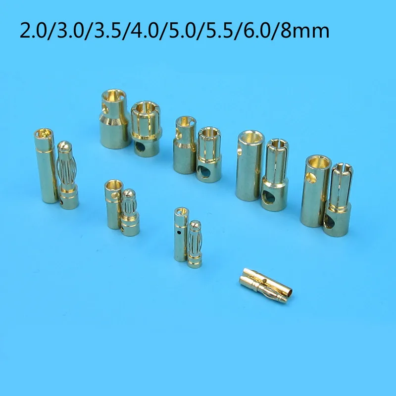 

10 пар 2,0/3,0/3,5/4,0/5,0/5,5/6,0/8 мм вилка-гнездо, вилки типа банан, разъем для батареи ESC, вилки для DIY RC лодок, самолетов