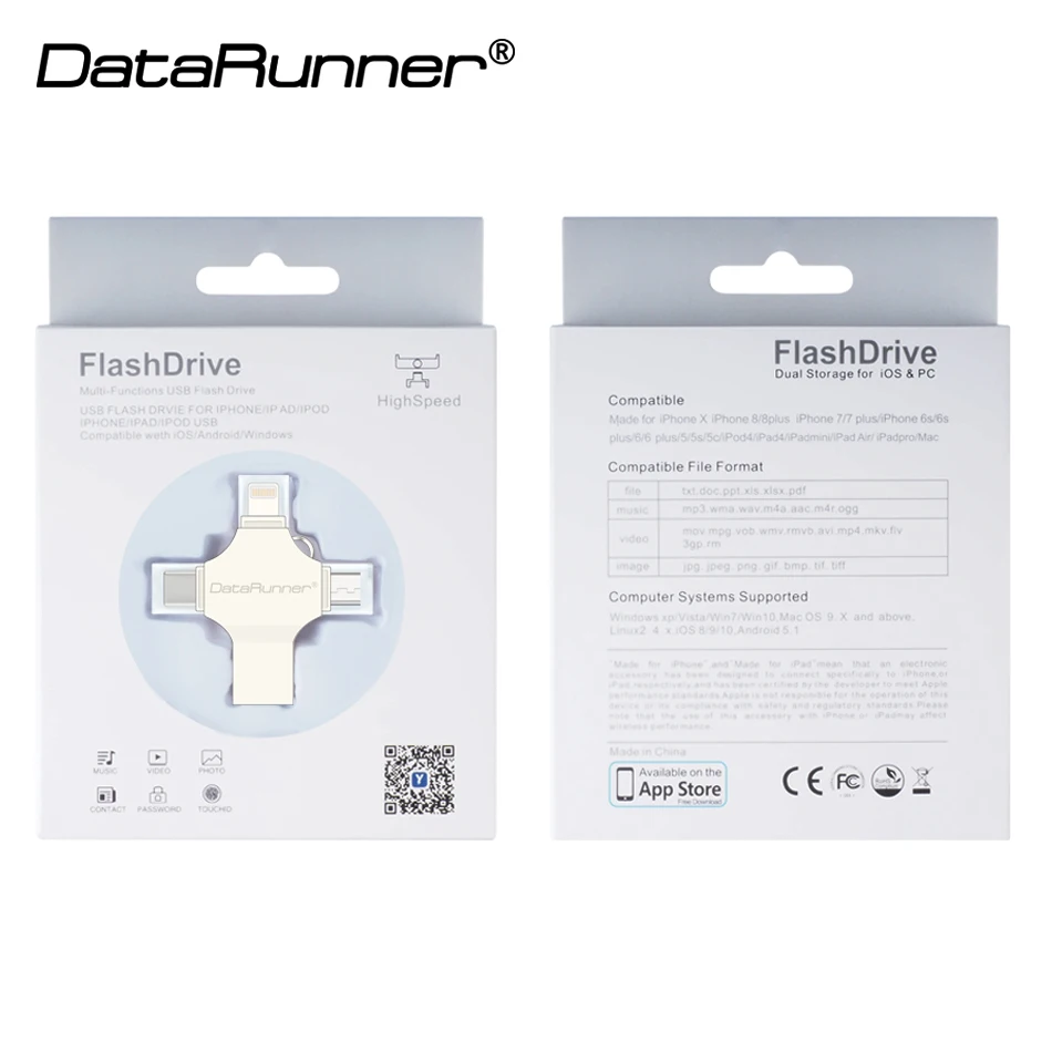 Горячая DataRunner OTG USB флеш накопитель для iPhone/type C/Android/PC 16 ГБ 32 64 128 флэш диск 4 в 1