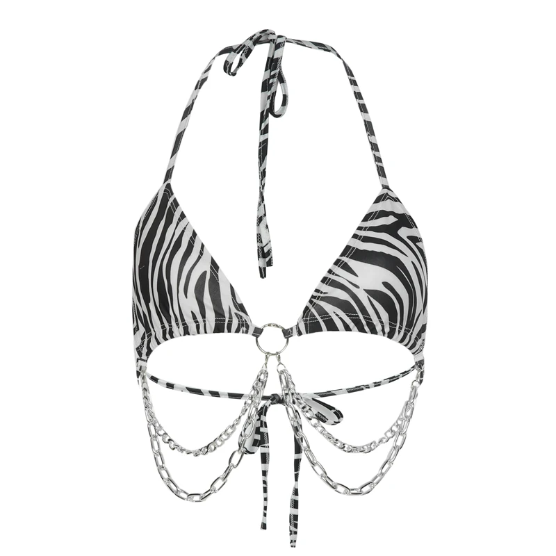 HEYounGIRL рисунок с животным зеброй Sexxy короткий топ, бюстгальтер без косточек Для женщин с лямкой на шее, без рукавов, майка без рукавов с круглым вырезом с цепями топы с открытой спиной летние футболки