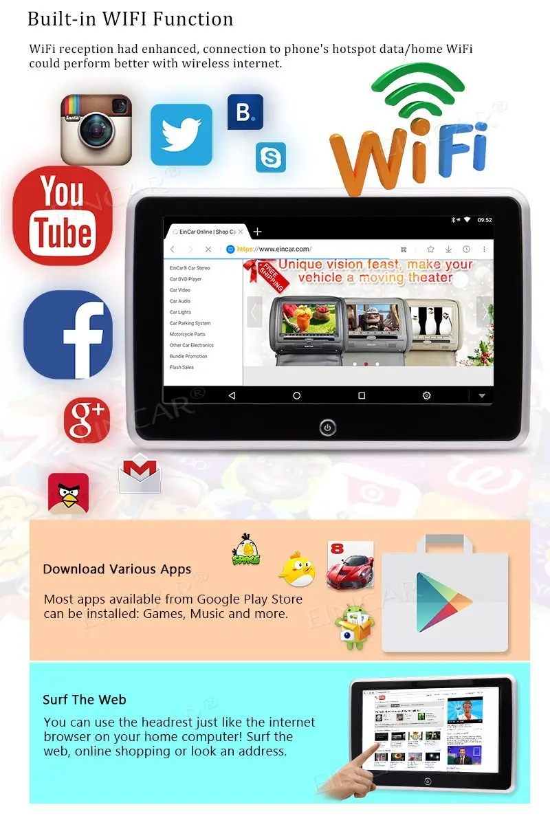 Wireless Headphone+Android Player 10.1&quotHeadrest pillow Video Wide View LCD Monitor Support HDMI FM IR USB SD TV WIFI Mirror Link |