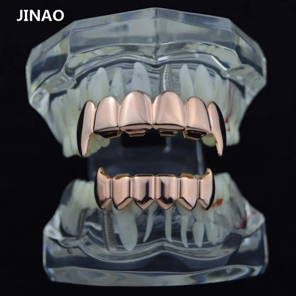 JINAO золото посеребренные хип-хоп ЗУБЫ Grillz верхние и нижние грили набор с силиконовым настоящим блестящим вампирский зуб гриль-наборы
