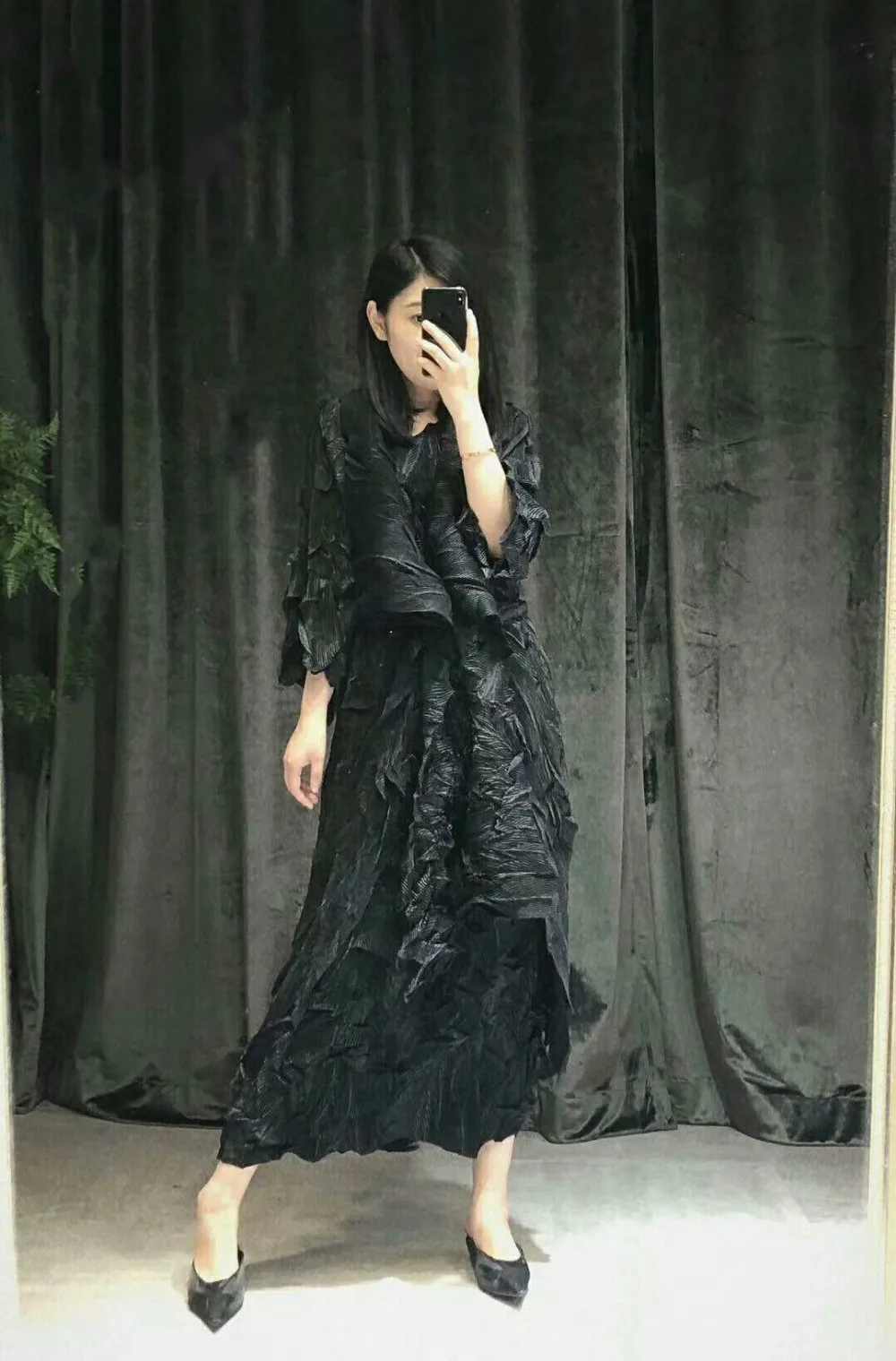 Miyake fold осенний комплект из двух предметов, плиссированная ветровка с длинными рукавами+ большое свободное платье с короткими рукавами