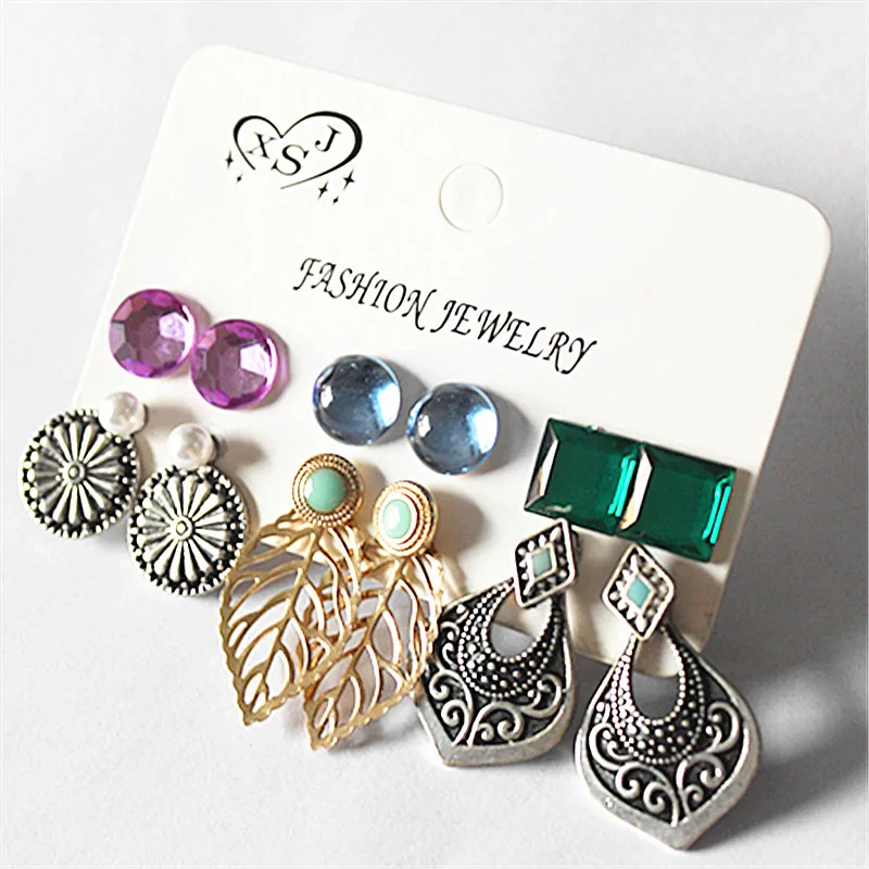 New fashion women jewelry wholesale girl boho earrings beautiful pink/ green mix type 9 pairs / set gifts free shipping | Украшения и