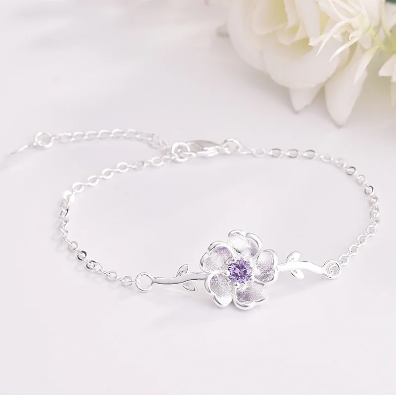 tree sakura purple OMHXZJ,, Европейская мода, женский, для вечеринки, дня рождения, свадьбы, подарок, Сакура, AAA, циркон, 925 пробы, серебряный браслет, BA117 - Цвет камня: tree sakura purple