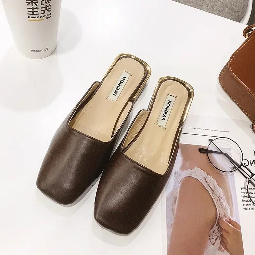 brown Туфли без задника; женские короткие шлепанцы с узором в горошек; шлепанцы на низком толстом каблуке; повседневные лоферы с закрытым носком в стиле ретро; Новинка года; женские Вьетнамки; сезон лето - Цвет: brown