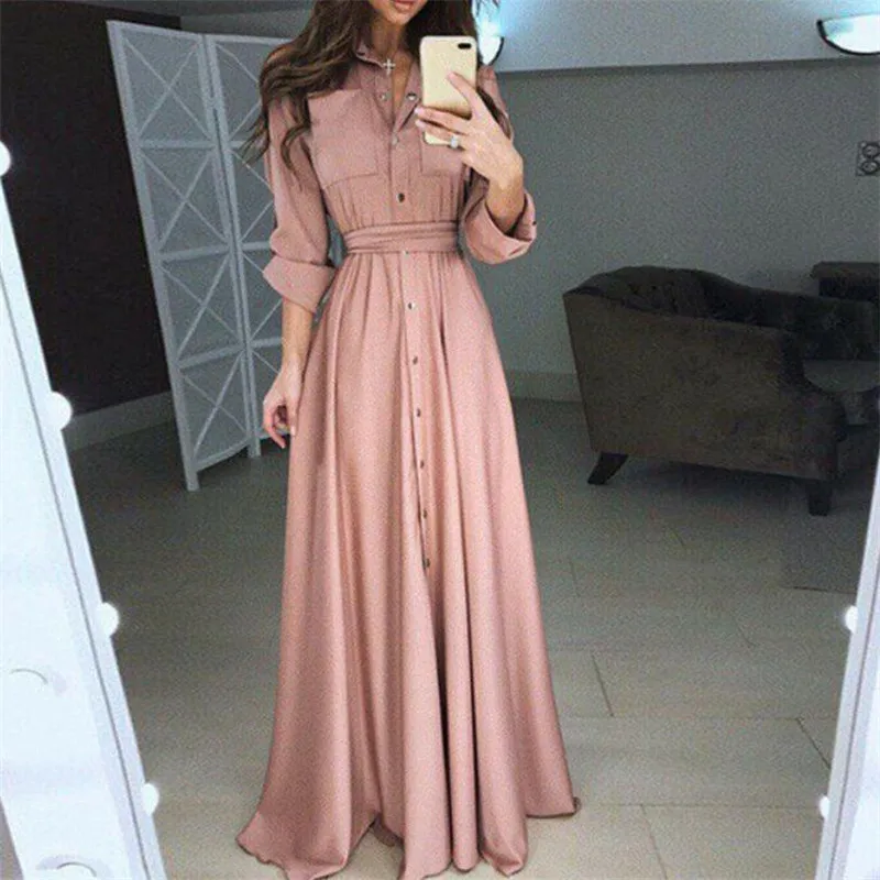 Large Sizes Ladies Long Dress New Sexy Soild Bohemian Sleeves Loose Dresses Women's Fashionable Buttons Vestido Hot Selling | Женская