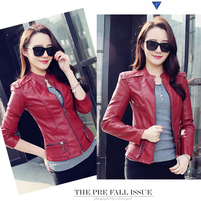 Осень Искусственная Кожа Куртка Тонкий Короткие Дизайн Мотоцикла Женщины