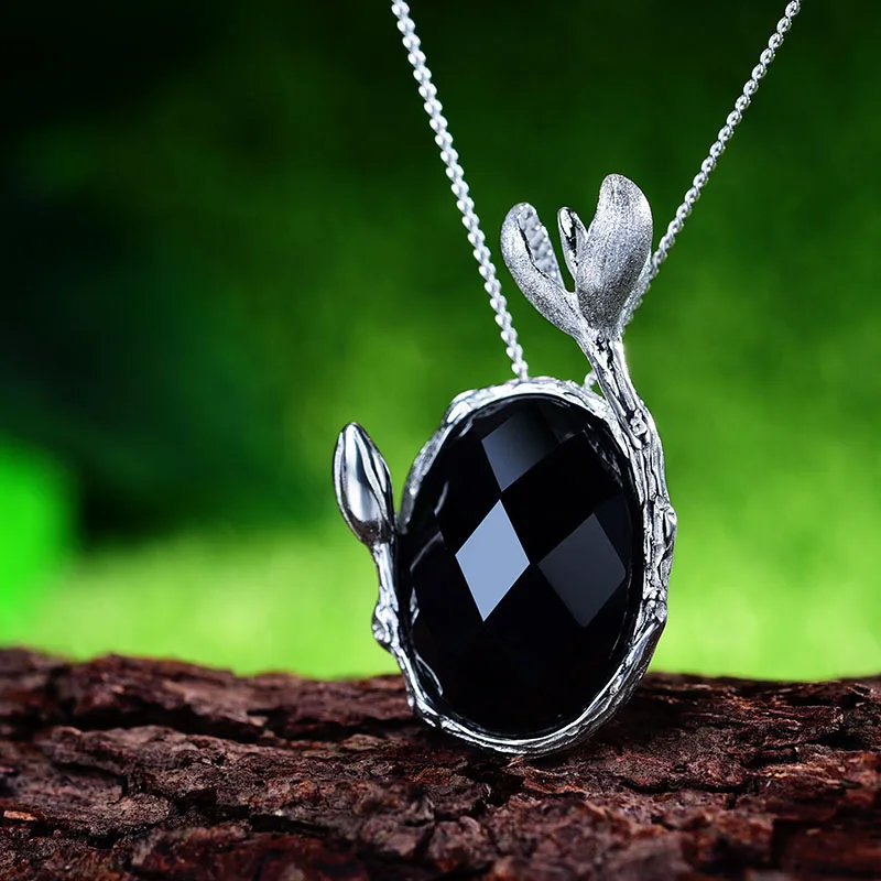 Lotus Fun реальные стерлингового серебра 925 натуральный агат ручной Fine Jewelry хороший цветок магнолии кулон без ожерелье для женщин - Цвет камня: Черный