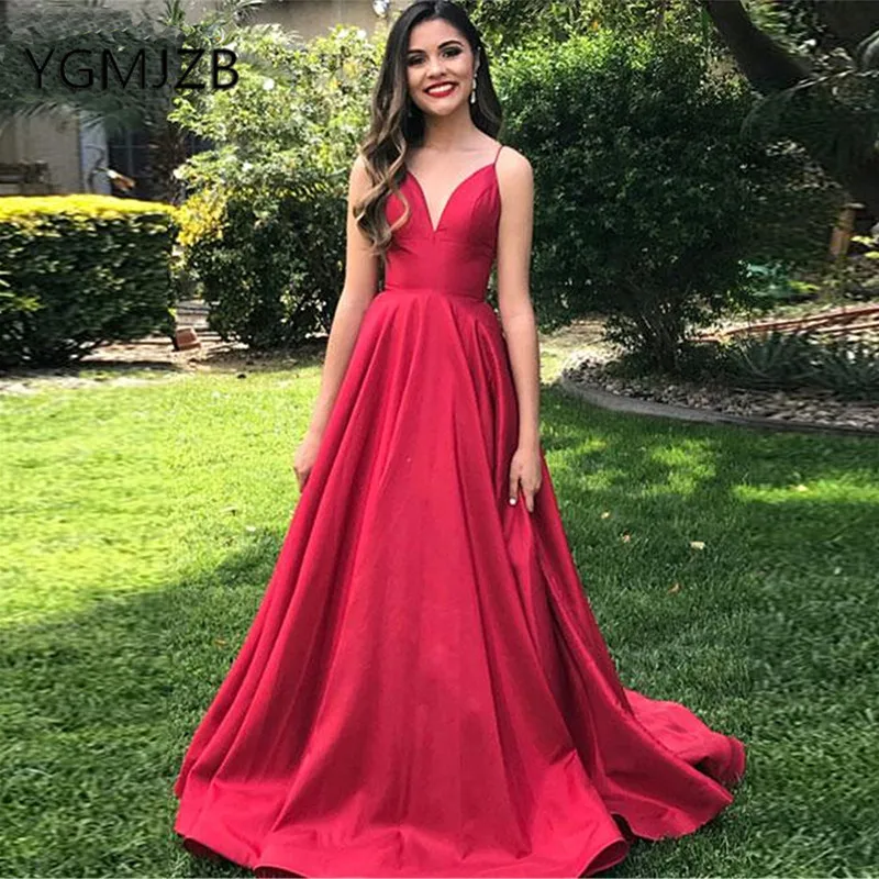 

Sexy Backless Red Long Evening Dresses 2019 A-Line V-Neck Spaghetti Strap Satin Prom Dress Women Formal Prom Gown Party Dress