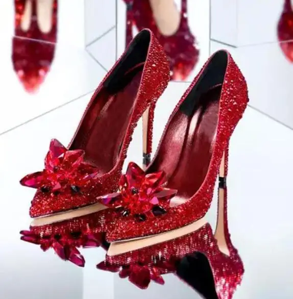 red 7cm Новинка; стразы; туфли Золушки на высоком каблуке; женские туфли-лодочки с острым носком; женские свадебные туфли со стразами; Каблук 7 см; Каблук 9 см; цвет золотистый, серебристый - Цвет: red 7cm