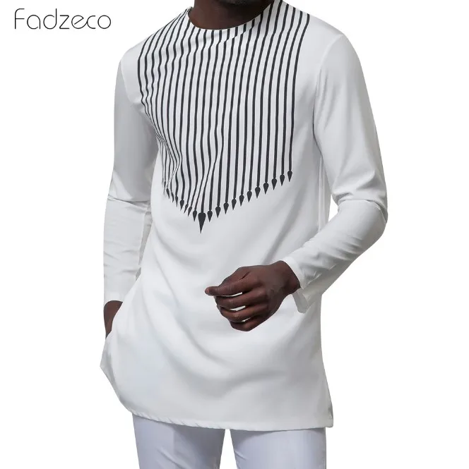 White Fadzeco модная полосатая Мужская рубашка с принтом,, брендовая Новая африканская рубашка Дашики, мужская белая рубашка с длинным рукавом, африканская одежда - Цвет: White