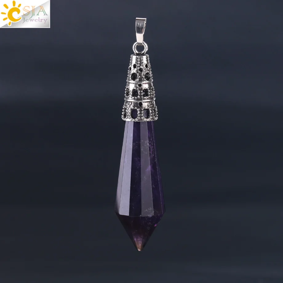 Amethyst Silver CSJA Новое поступление ювелирные изделия золотого цвета Ограненный Природный камень Маятник Шестигранная подвеска Кристалл кварц кулон для ожерелья F401 - Окраска металла: Amethyst Silver