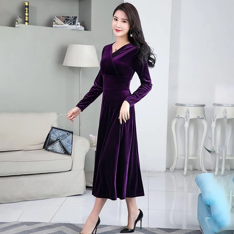 Fashion Women V-Neck Long Sleeve Velvet Dress Hot Sale Solid Colors Loose Straight Slim Waist Ladies Bodycon | Женская одежда