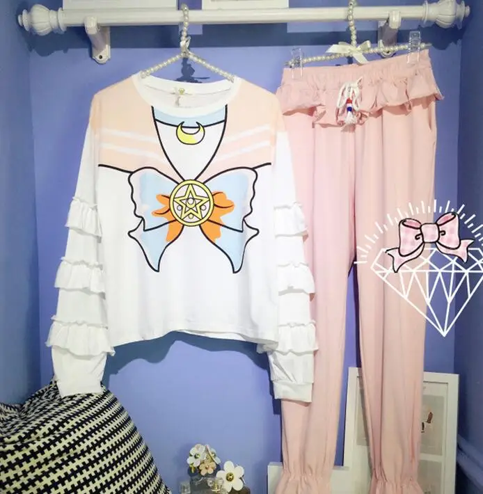 Pink Long Sleeve Set Весна лето, хлопковая рубашка, женская рубашка Сейлор Мун - Цвет: Pink Long Sleeve Set