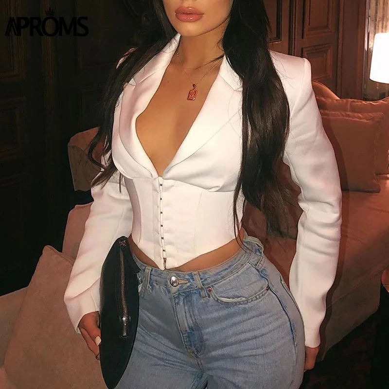 Aproms/винтажная короткая Базовая куртка с глубоким v-образным вырезом, Женская Осенняя пикантная укороченная куртка на пуговицах, крутая уличная одежда для девочек, тонкий спортивный костюм, пальто