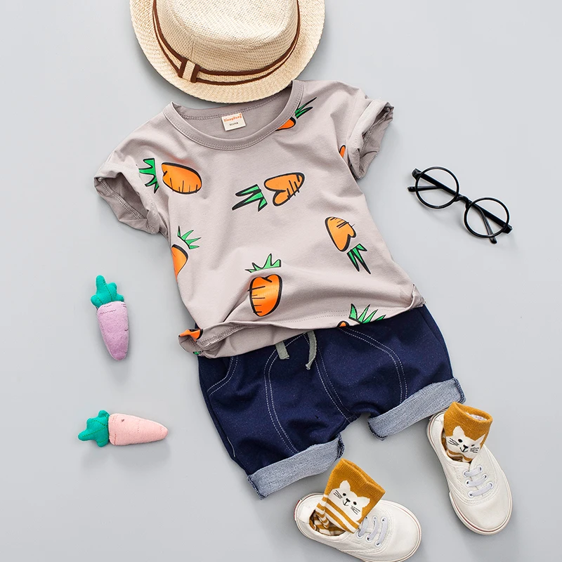 Kid Boy Girl Summer Clothing Set 1 2 3 4 Years Baby Casual Cute Radish Print Shirt Clothes Cartoon School Bag Boys Suit |