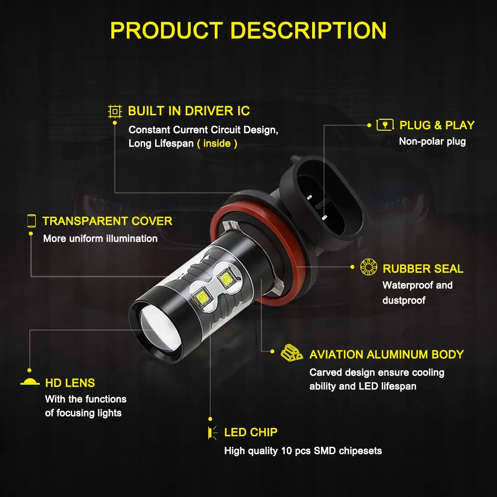 OXILAM 2 шт. H7 H11 H8 H10 H3 H16 HB4/9006 H27 880 881 PSX24W светодиодные противотуманные фары