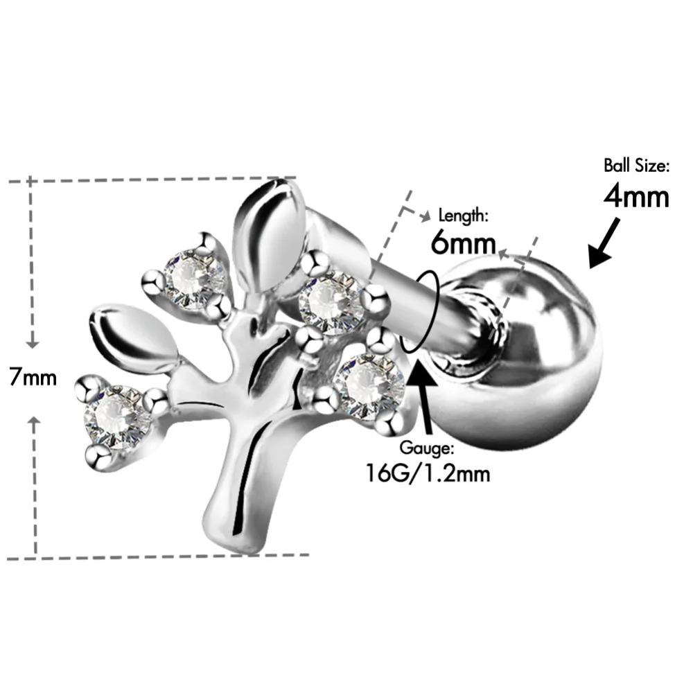 Боди Панк Новые серьги для ушного хряща шпильки CZ Life Tree Tragus серьги-улитки пирсинг 16 г 1,2 мм из нержавеющей стали ювелирные изделия для тела женщин