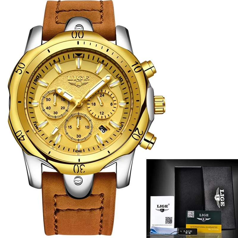 leather all gold Relojes Hombre, новинка, кварцевые наручные часы LIGE, мужские часы с большим циферблатом, золотые, черные, кожаные часы, мужские спортивные водонепроницаемые часы с хронографом - Цвет: leather all gold