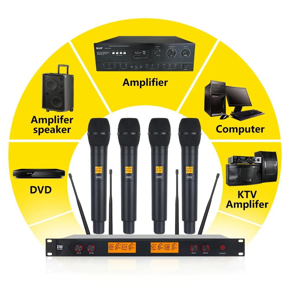 XTUGA A-400 Metal Material 4-Channel UHF Wireless Microphone System with 4 Hand-held for Stage Church Family Party Small Karaoke