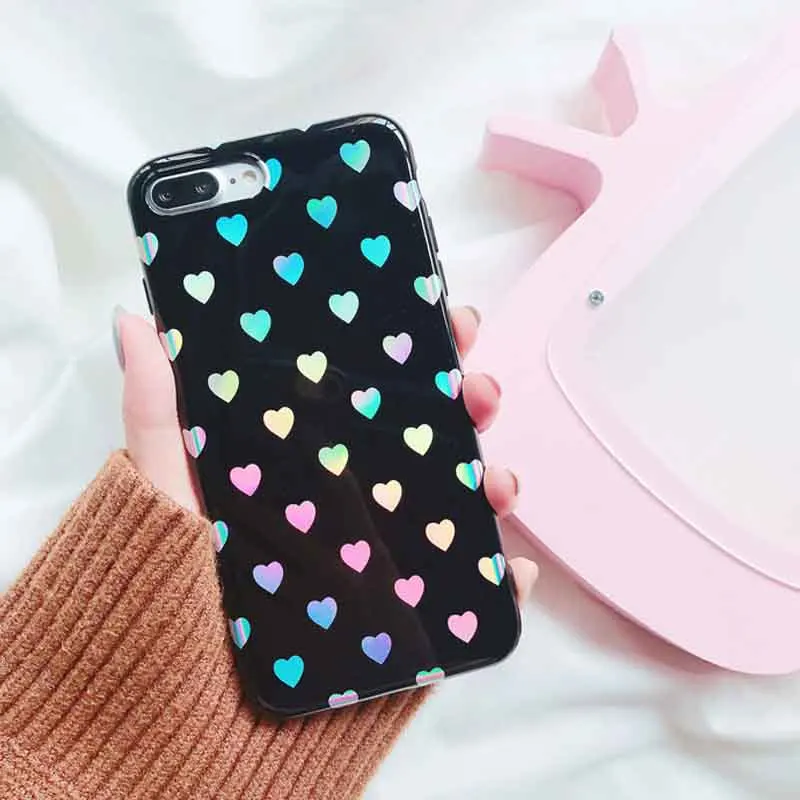 Модный Лазерный розовый черный чехол для телефона с сердечками iPhone X 7 Plus 6 6S 6Plus 8