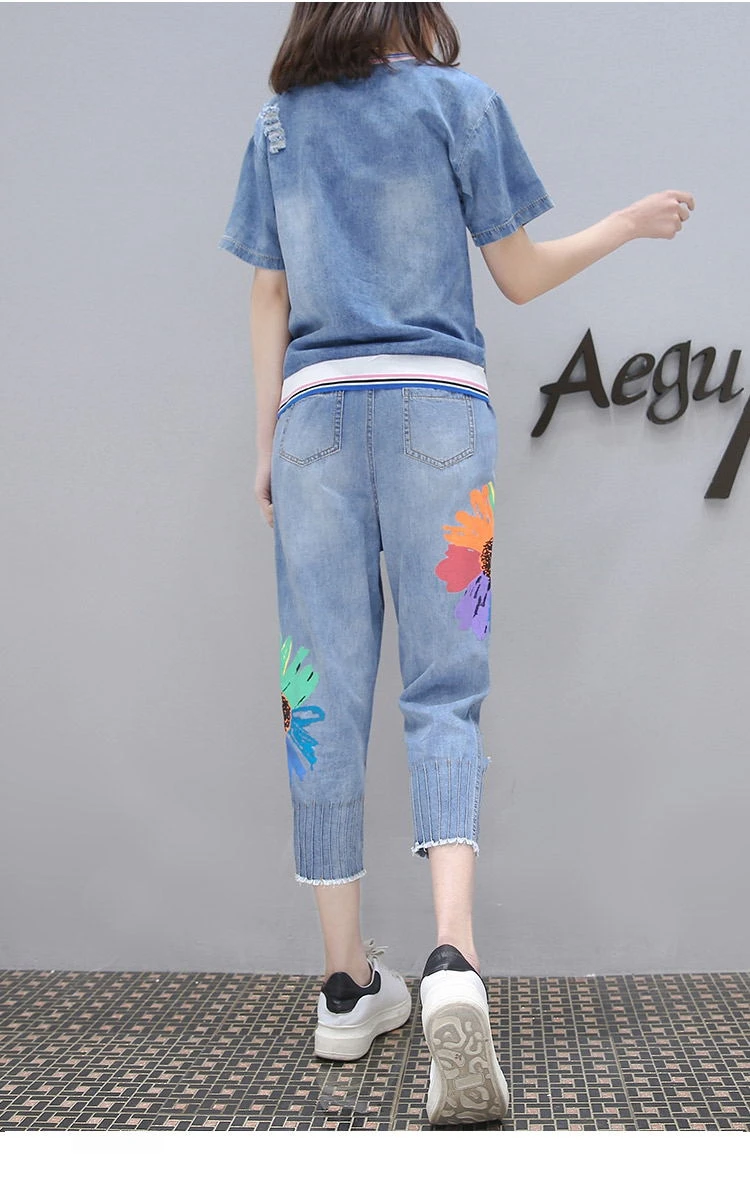 Женский джинсовый свитер Капри брюки комплект из 2 предметов Весенняя Модная