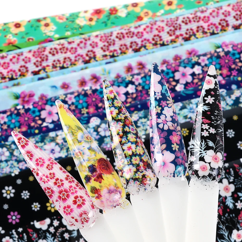 16pcs Starry Sky Foil For Nails Colorful Bloom Flowers Sliders Nail Art Transfer Foil Decal Gel Full Wrap Decorations Set LA1024