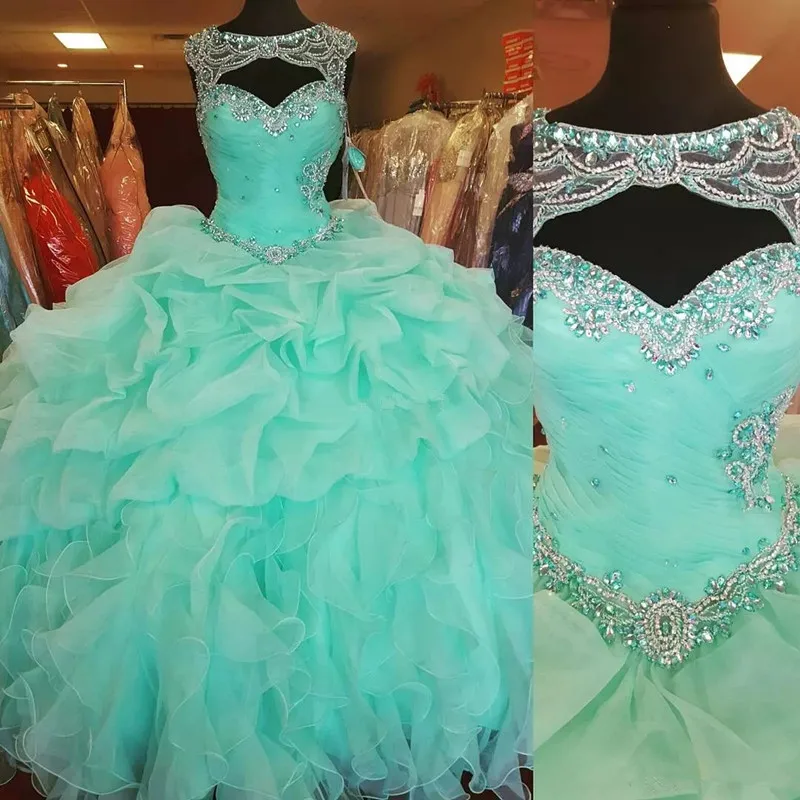 Мятно-зеленое бальное платье Бальные платья возлюбленной Sheer бисером шеи корсет Назад оборками органзы размера плюс для дебютантки на Выпускной платья