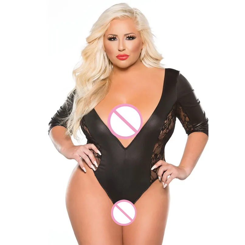 Сексуальное латексное боди Женское из искусственной кожи Кружевное с глубоким V