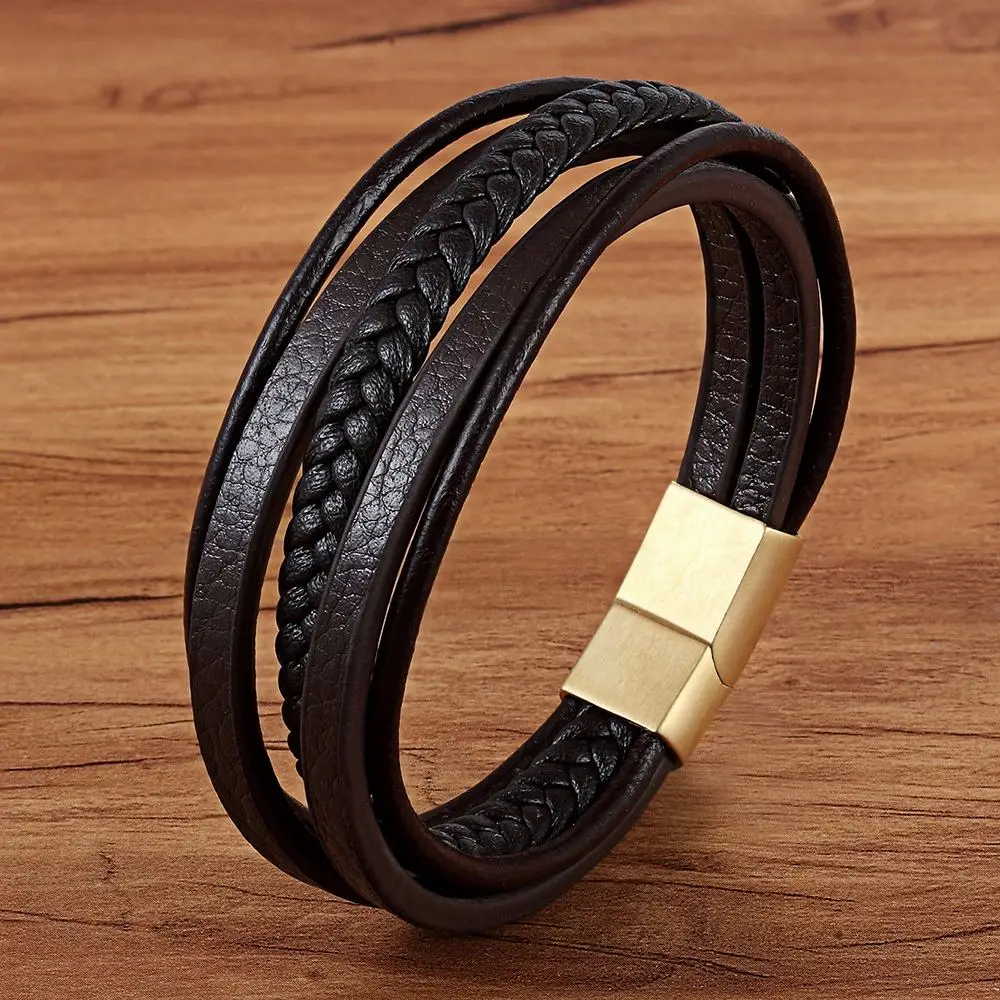Brown with Gold XQNI Модные мужские ювелирные изделия популярный черный цвет натуральная кожа браслет многослойный дизайн Шарм манжета браслет для красивого мальчика подарок - Окраска металла: Brown with Gold