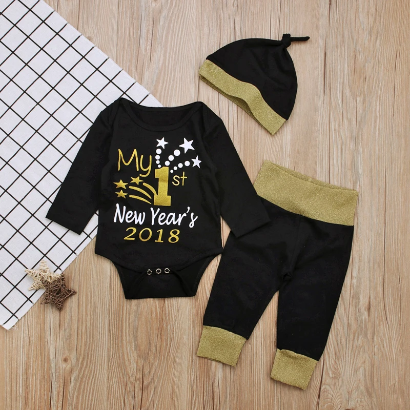 2018 My First New Years 3Pcs Sets Newborn Baby Girl Boys Clothes Letter Rompers+Pants+Hat Infants Kids Outfits Set DS15 | Детская одежда