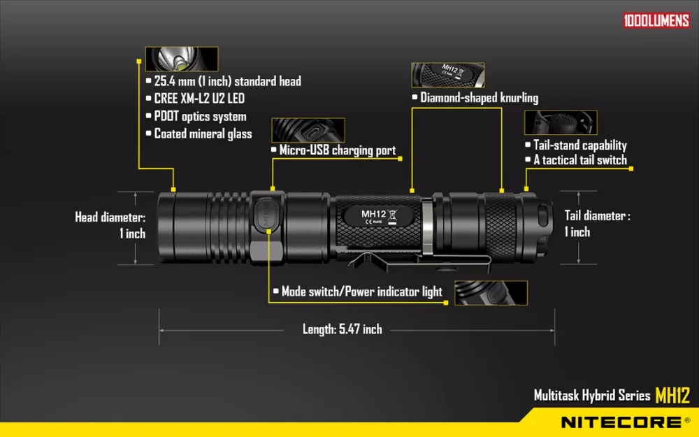 NITECORE MH12 светодиодный фонарик 1000LM дальность луча 232 M уличный фонарик+ 18650 3200 mAh аккумулятор+ usb зарядка Cble