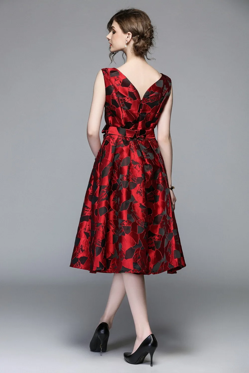 Лидер продаж офис леди платье до колен с бантом геометрическим принтом Лето