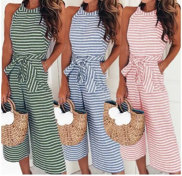 Elegant Sexy Jumpsuits Women Sleeveless Striped  Loose Trousers Wide Leg Pants Rompers Holiday Belted Leotard Overalls