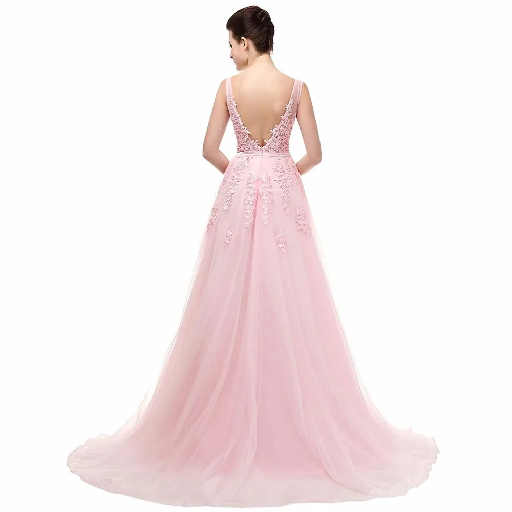 Vestidos de festa вечернее платье Robe De Soiree v-образный вырез с кружевной аппликацией Длинные вечерние платья из тюля розовый темно-синий