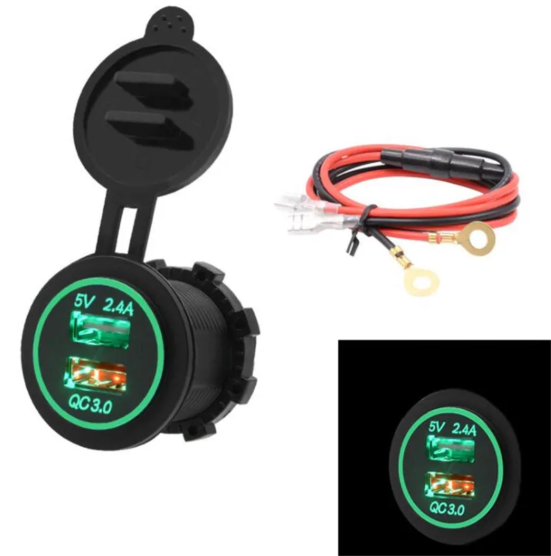 WUPP Car Quick Charger QC 3.0 Power Adapter Dual USB Vehicle DC 12 V-24 V Cigarette Socket Lighter 2 port+60CM Line - Название цвета: Зеленый