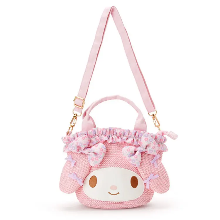 Летняя розовая соломенная сумка My Melody, милая сумка в стиле Лолиты с бантом, дорожная сумка через плечо, богемная Сумка-тоут, сумки через плечо