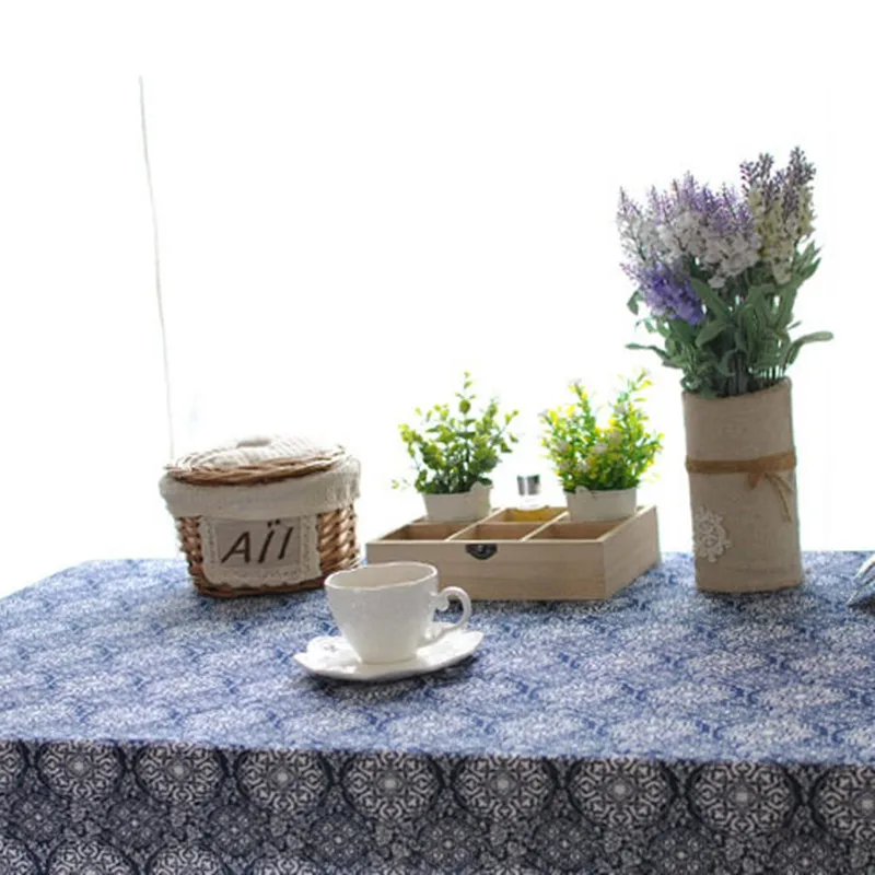 Скатерть из хлопка и льна с принтом синего белого цветов 170104 г | Дом сад