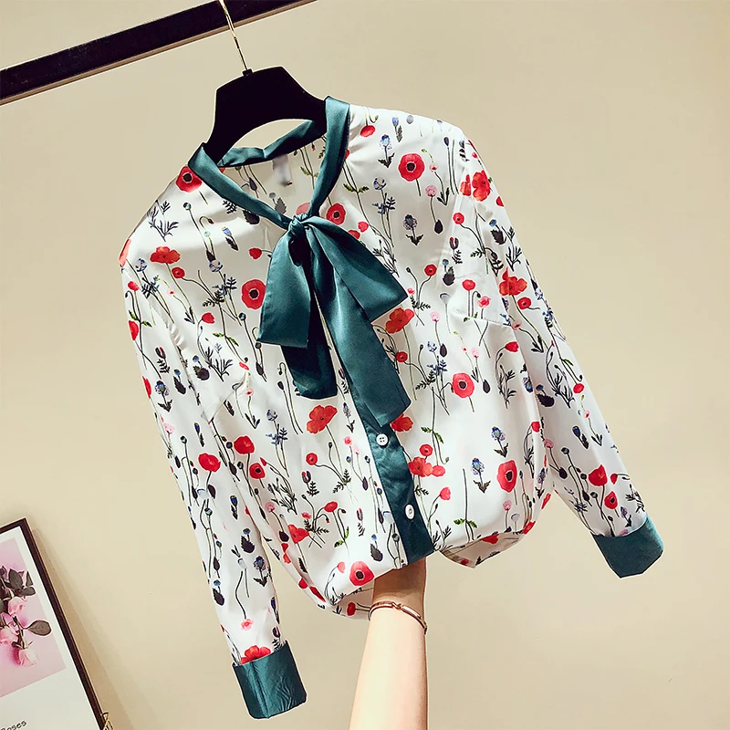 

Print Shirt Women 2019 Female Korean Fashion Clothing Vintage Long Sleeve Bow Collar Button Up Shirts Womens Tops and Blouses