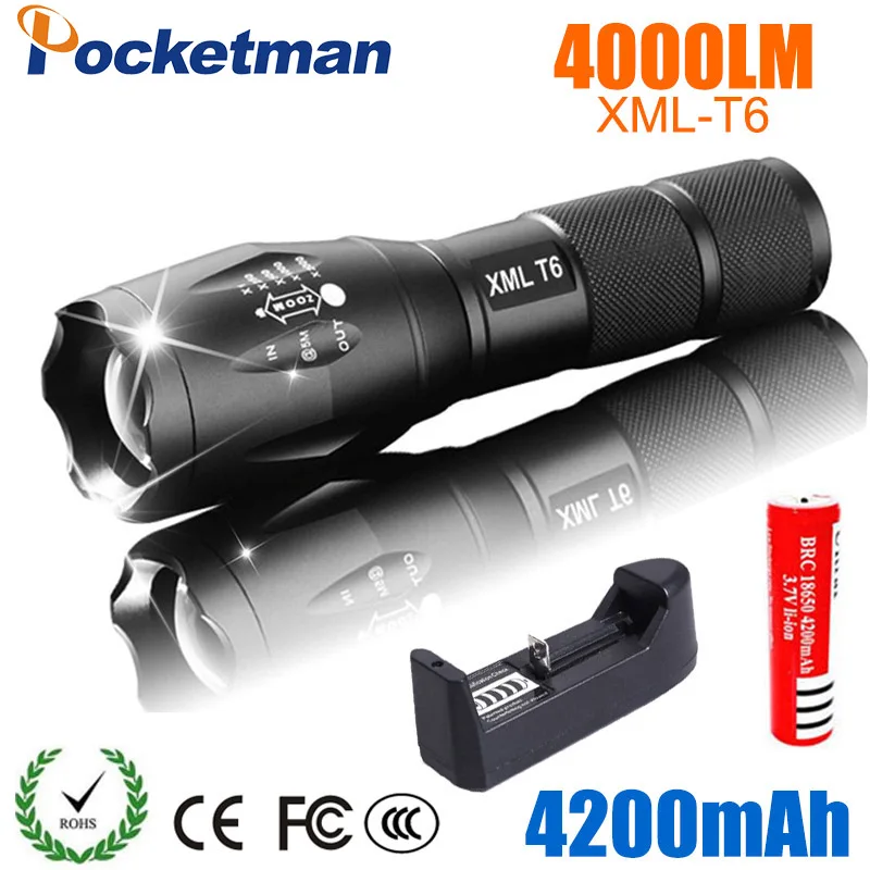 Светодиодный перезаряжаемый фонарик XML T6 4000 люмен аккумулятор 18650 уличный для