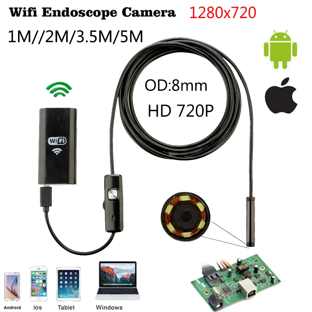 JCWHCAM 1 м 2 3 5 кабель IOS Android Wifi эндоскоп с объективом 8 мм 6 светодиодов