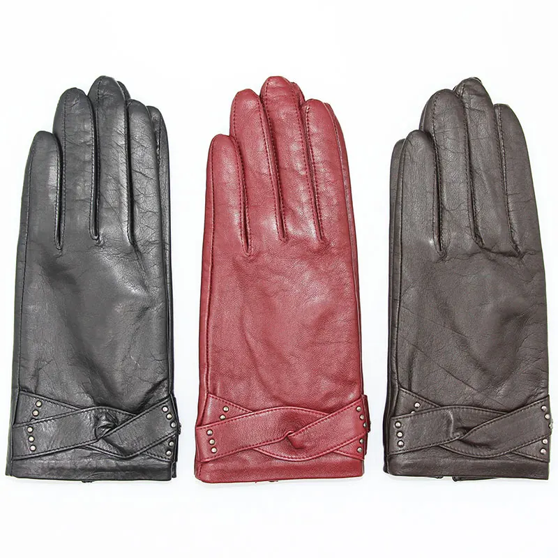Кожаные перчатки для женщин Осень Зима Теплый Сенсорный экран плюс бархат