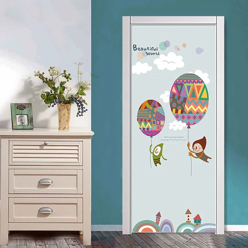 DIY Home Decor 3D Door Sticker Cartoon Picture Environmental Protection Self Adhesive Waterproof Wallpaper Print Canvas Wall Art