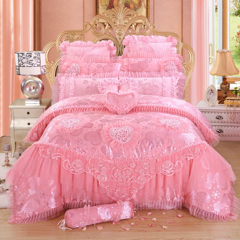 

Luxury wedding bedding set 4/6/9pcs silk cotton Jacquard duvet cover red pink lace bedlinen bedspread