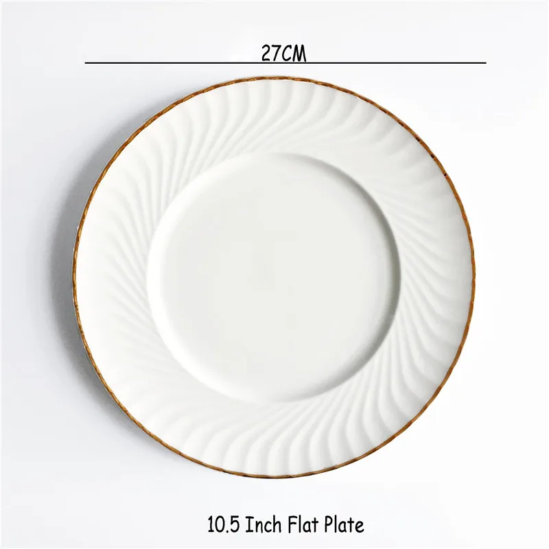 10.5 Flat Plate Обеденная тарелка, суповая чаша, чашка и блюдце, набор посуды, золотой край, белая вращающаяся рельефная Золотая посуда, столовые приборы из костяного фарфора, 1 шт - Цвет: 10.5 Flat Plate