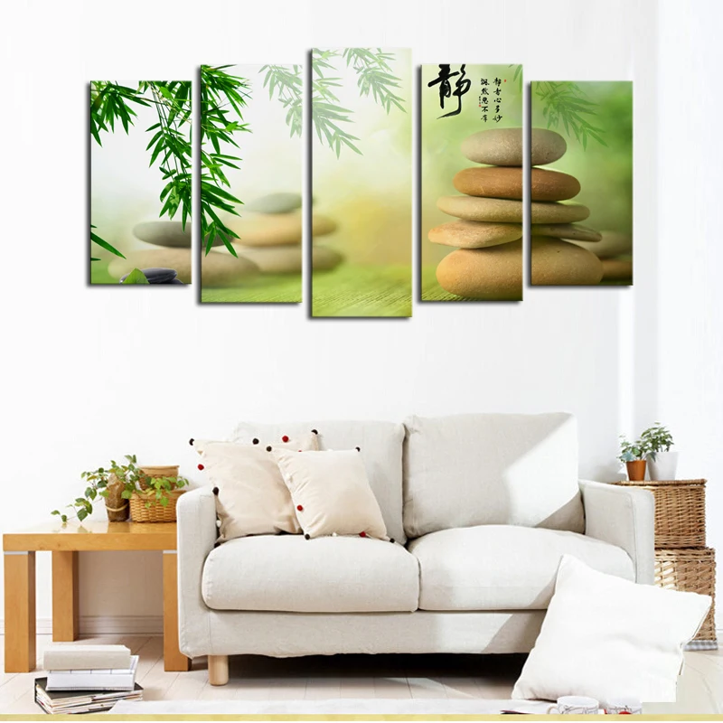 Без рамки 5 панелей бамбуковый камень пейзаж картина печать современный холст