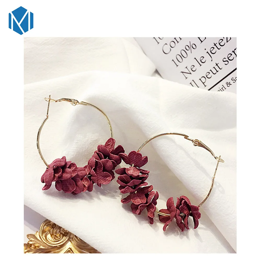 wine red Новая модная цветочная ткань висячие серьги богемные серьги красочные лепестки большой круг сплав серьги ювелирные изделия Букле д 'ореиль - Окраска металла: wine red