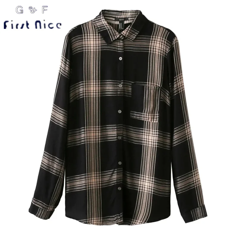 Женщины Блузки 2017 Новая Коллекция Весна Мода Хлопок Плед С Длинным Рукавом Turn down